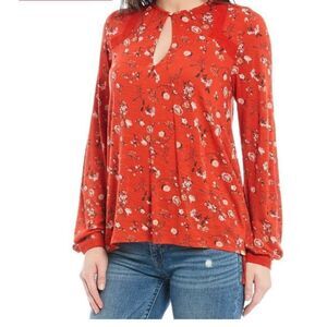 LUCKY BRAND Keyhole Red Floral BOHO Peasant Blouse